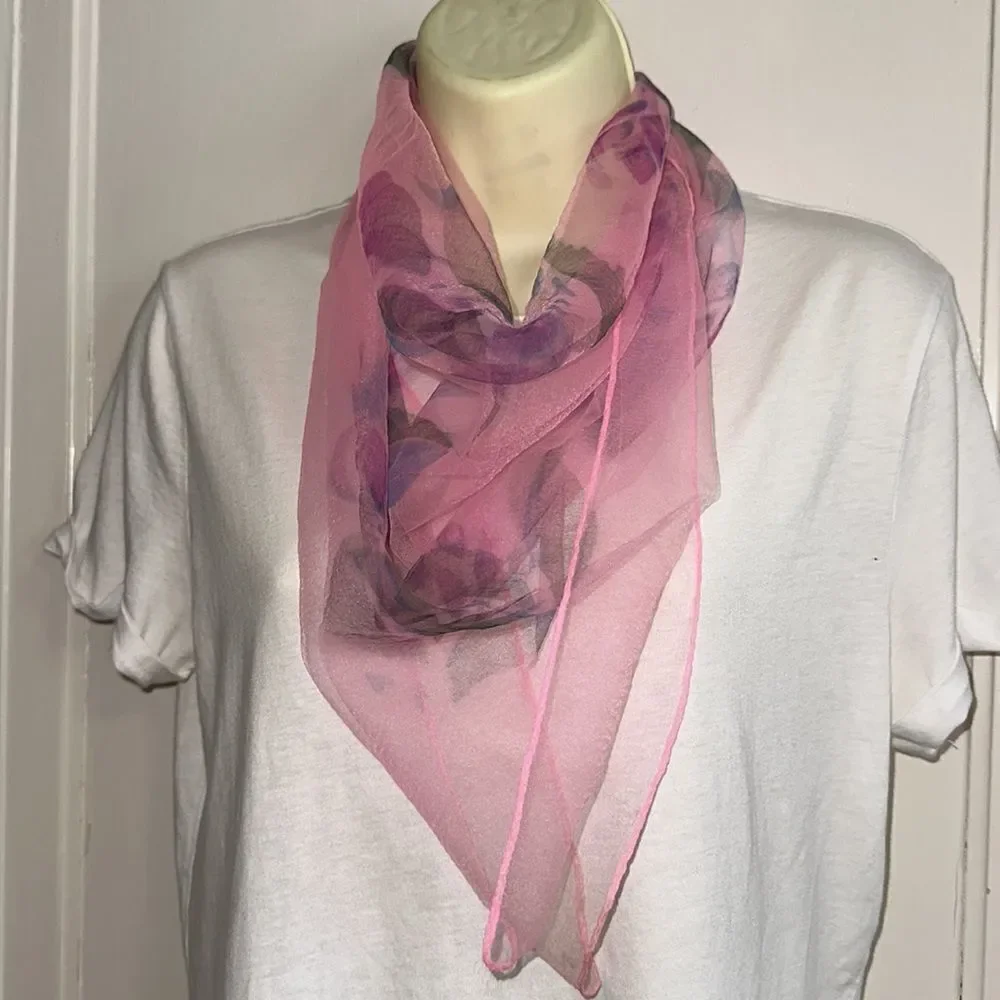 Vintage S Kratish pink nylon semi sheer chiffon scarf with floral design